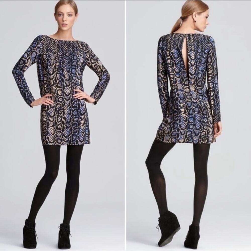 Tibi Blue Silk Python Print Mini Shift Dress Long Sleeve Womens 4
